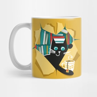 Bookish cat // black cat with tea mug teal neon red white and yellow books Mug